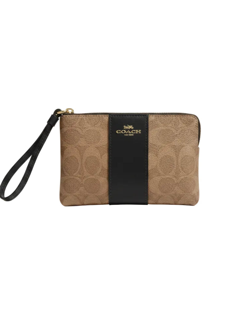 COACH - CORNER ZIPPER SIGNATURE LEATHER STRIPE IM/TAN/BLACK