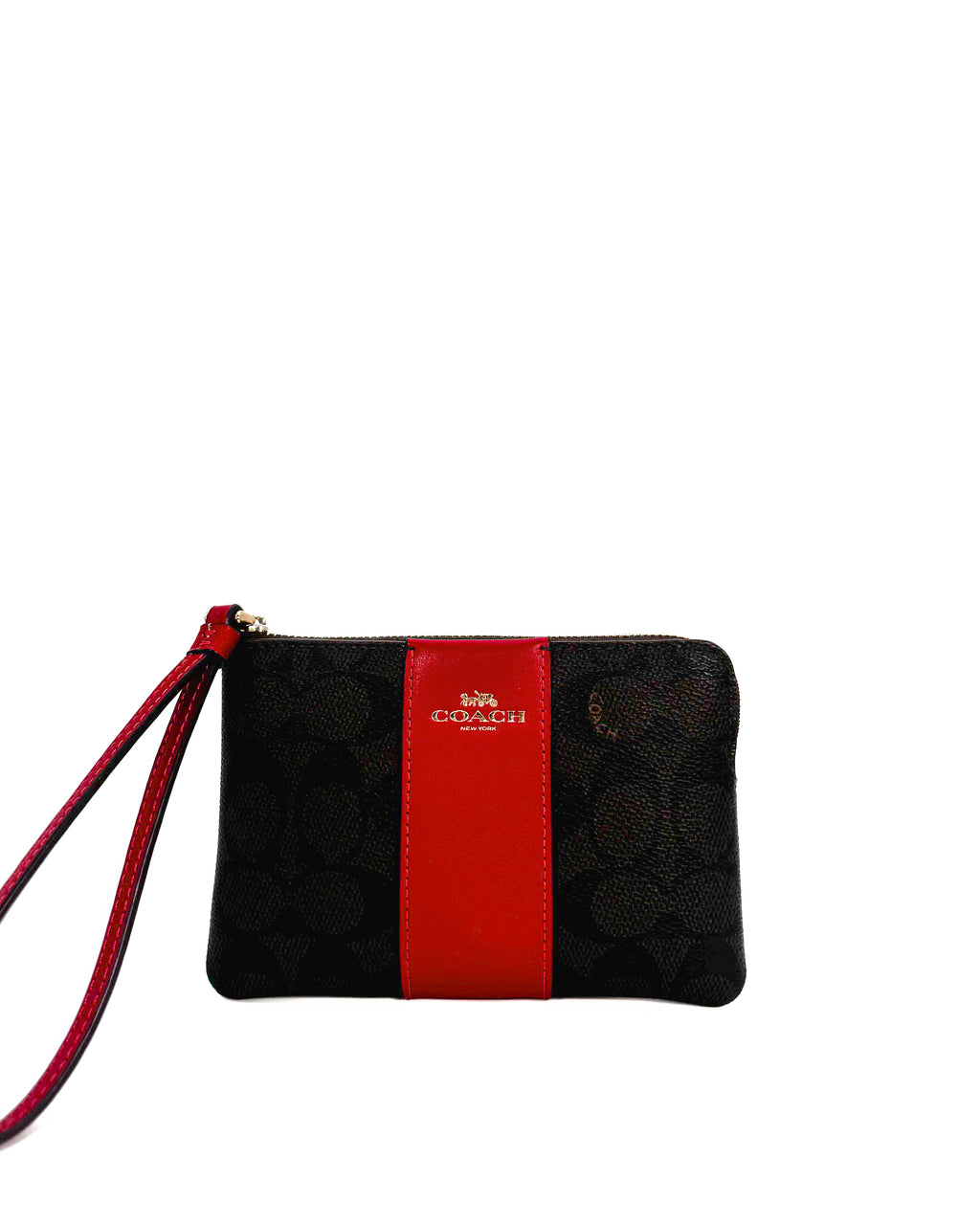 COACH - CORNER ZIPPER SIGNATURE LEATHER STRIPE IM/WALNUT/BOLD RED