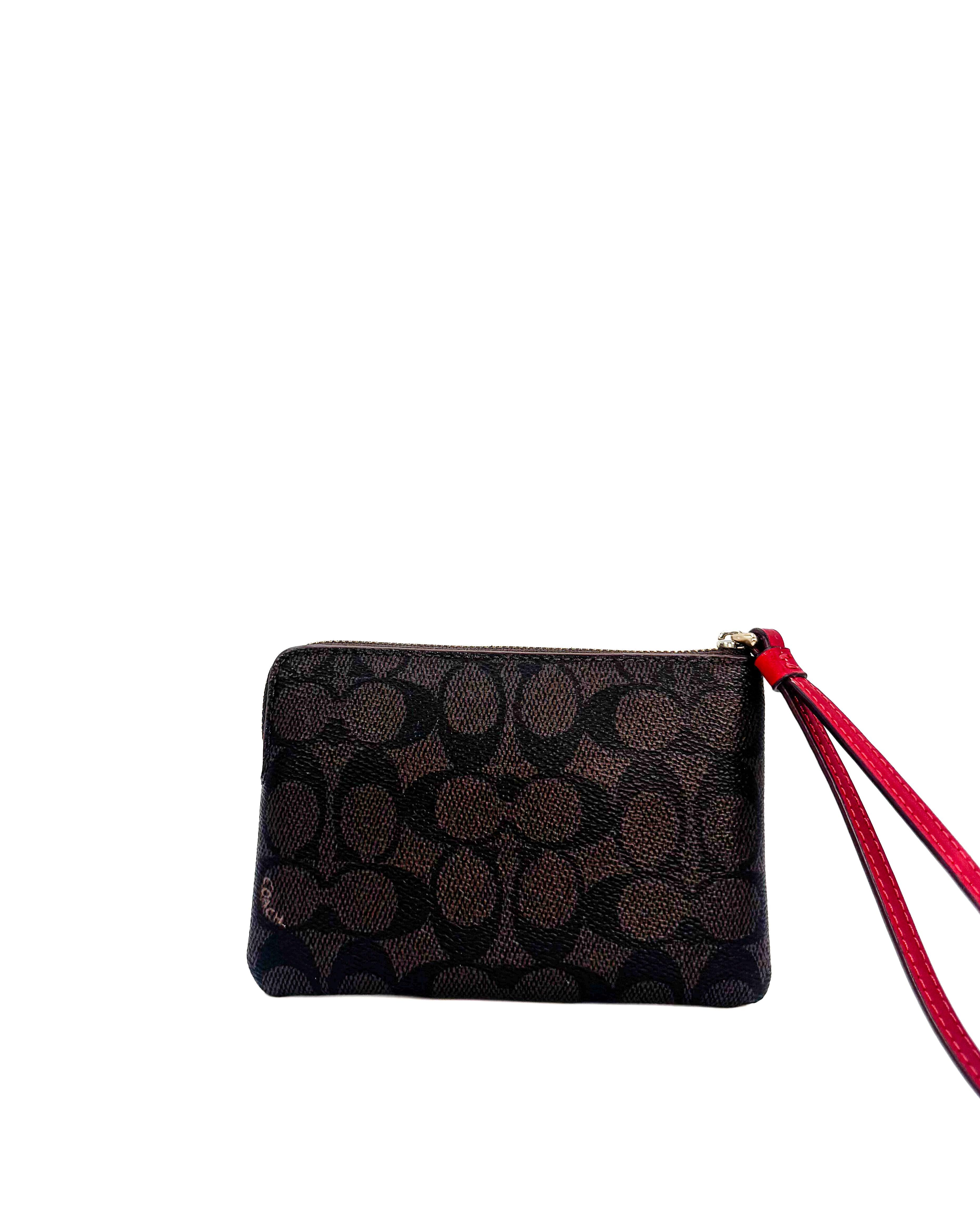 COACH - CORNER ZIPPER SIGNATURE LEATHER STRIPE IM/WALNUT/BOLD RED