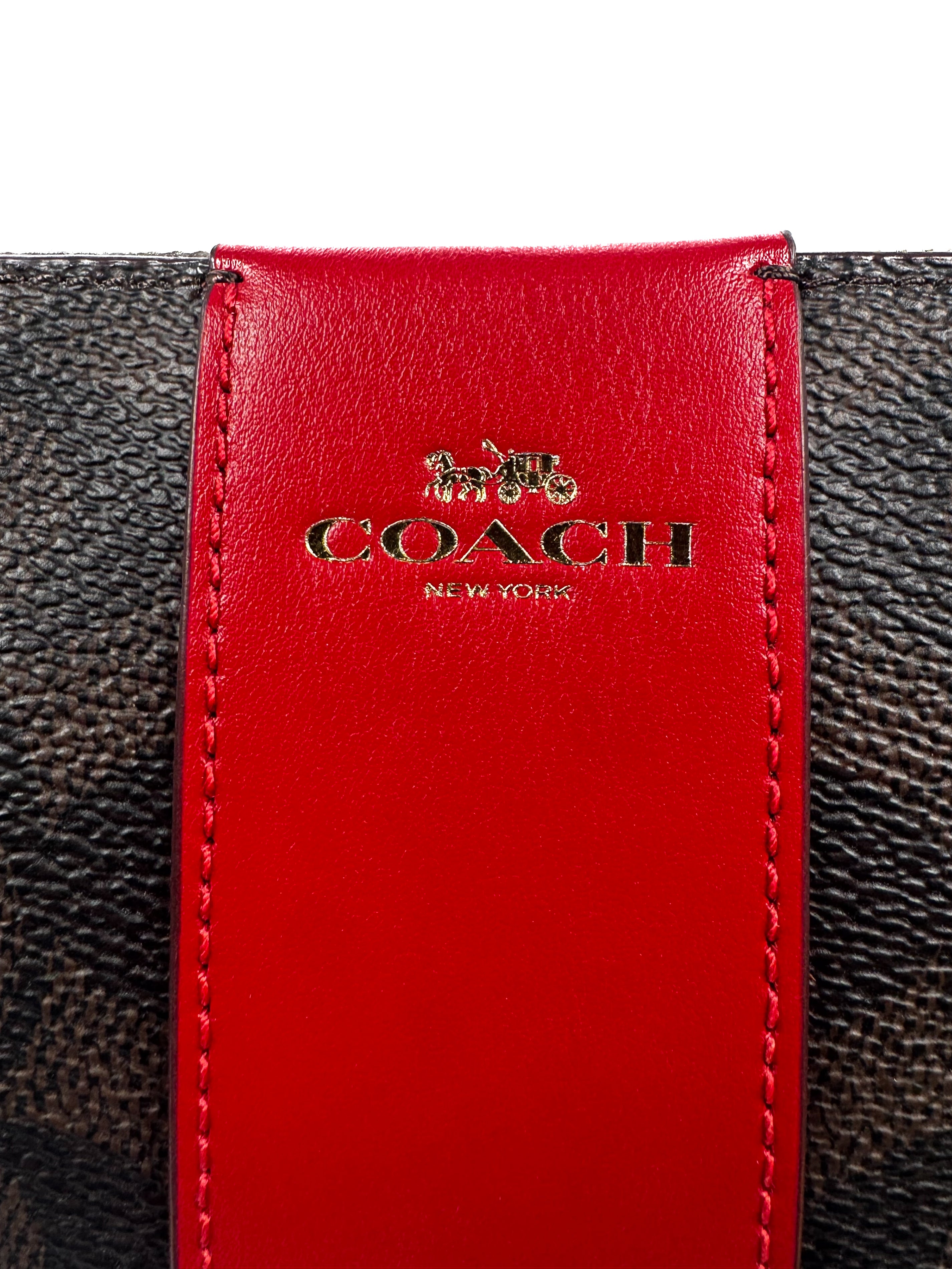 COACH - CORNER ZIPPER SIGNATURE LEATHER STRIPE IM/WALNUT/BOLD RED